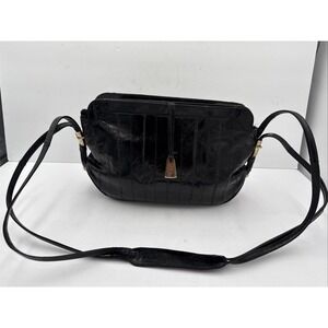 Vintage Genuine Eel Skin Purse Bag Black With Shoulder Strap Suede Inside